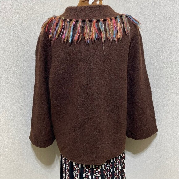 Lark Lane 100% Wool Fringe Brown Shawl/ Cardigan Size Large - Picture 10 of 12